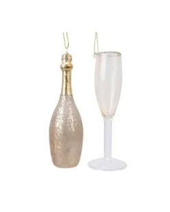 Addobbo Appendino Di Vetro Bottiglia Champagne E Calice Per Albero Di Natale