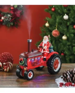 Addobbobabbo Natale Con Trattore In Poliresina Con Effetto Fumo E Led