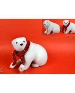 Addobbo Di Natale Orso Polare Seduto Con Sciarpa Rossa 16X14X21Cm
