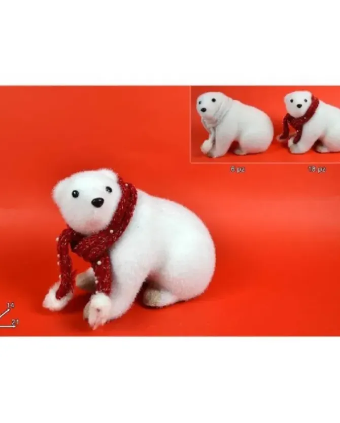 Addobbo Di Natale Orso Polare Seduto Con Sciarpa Rossa 16X14X21Cm