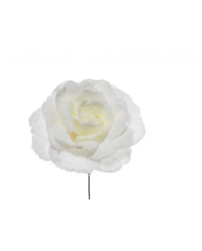 Addobbo Fiori Pick Rosa Innevata Bianco 17Cm