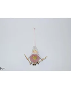Addobo Appendino Bambola Rosa Con Pelliccia Su Sci Per Albero Di Natale 9 Cm