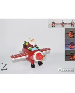 Aereo Con Babbo Natale In Resina Con Led E Scritta Olografica.