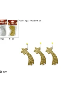 Appendino Addobbo Stella Cometa Dorata 10Cm 3 Pz Per Albero Di Natale E Presepe