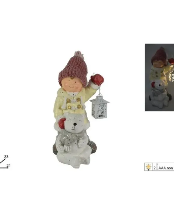 Bimbo In Ceramica Con Orsetto E Lanterna Con Luci