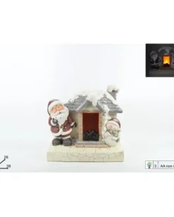 Casetta Con Babbo Natale Luce Led Effetto Fuoco A Batteria 37X26X38 Cm