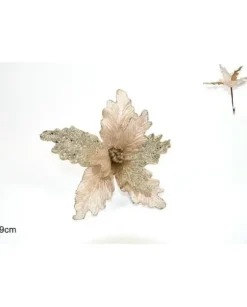 Fiore Beige Velluto Con Foglie Glitterate Con Pinzetta 19 Cm