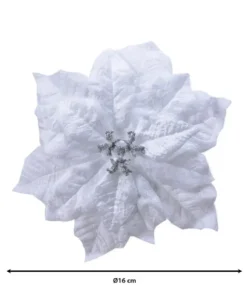 Fiore Poincettia Bianca Vellutata 16 Cm Su Clip Con Glitter