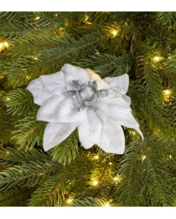 Fiore Poincettia Bianca Vellutata 16 Cm Su Clip Con Glitter