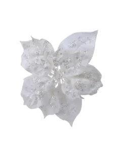 Fiore Poinsettia Bianca Su Clip Poliestere Glitter