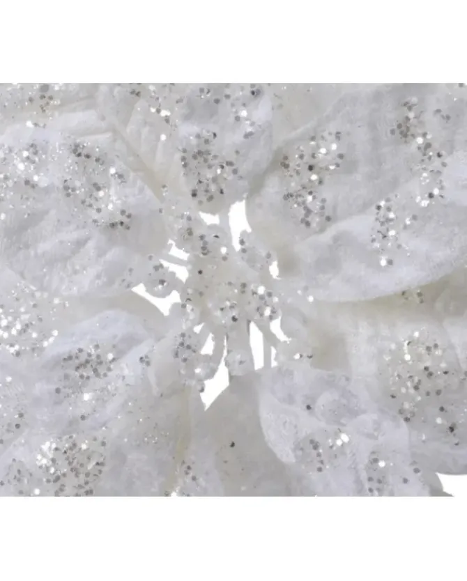 Fiore Poinsettia Bianca Su Clip Poliestere Glitter