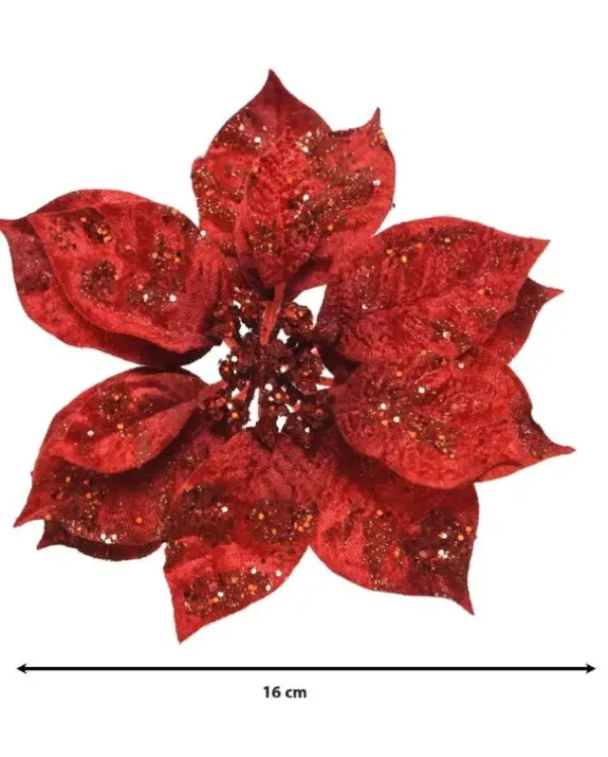Fiore Poinsettia Rossa Su Clip Poliestere Glitter