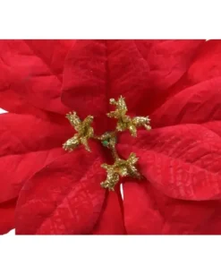 Fiore Poinsettia Rossa Vellutata 16 Cm Con Glitter Oro Per Addobbi Natalizi