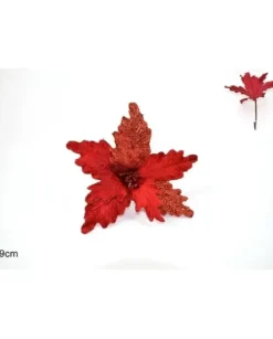 Fiore Rosso Velluto Con Foglie Glitterate Con Pinzetta 19 Cm