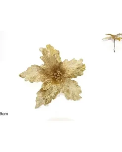 Fiore Velluto Dorato Con Foglie Glitterate Con Pinzetta 19 Cm
