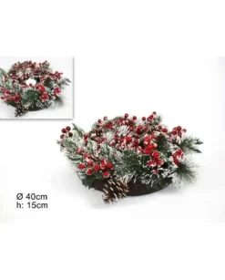 Girocandela Innevato Con Bacche E Pigne Diamentro 40 Cm H 15 Cm