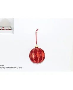 Pallina Rossa In Vetro E Velluto Con Glitter Oro Con Rombi Dia 8 Cm Cf 12Pz