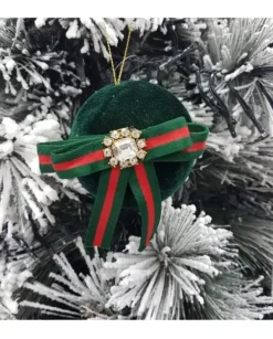 Pallina Sfera 8Cm In Velluto Verde Con Nastro Per Albero Di Natale