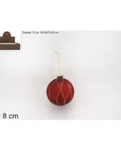 Pallina Sfera Di Vetro Con Rombi Rossa O8Cm Per Albero Di Natale
