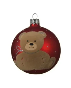 Pallina Sfera Di Vetro Decorata Rossa Con Orsacchiotto 80Mm 6Pz Per Albero