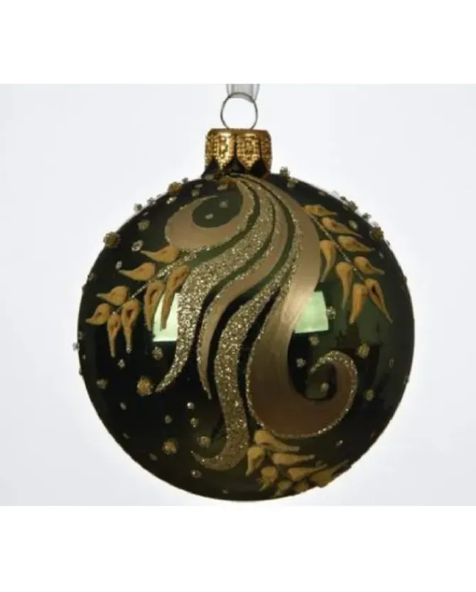 Pallina Sfera Di Vetro Decorata A Mano Verde Pino 80Mm 6Pz Per Albero Di Natale