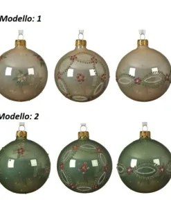Pallina Sfera Di Vetro Decorata Verde E Crema 80Mm 6Pz Per Albero Di Natale