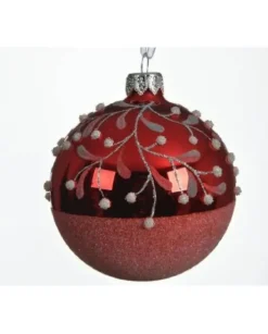 Pallina Sfera Di Vetro Decorata A Mano Rossa 80Mm 6Pz Per Albero Di Natale