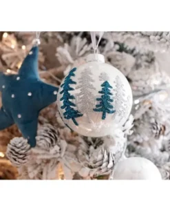 Pallina Sfera Di Vetro Decorata Bianco - Argento 80Mm 3Pz