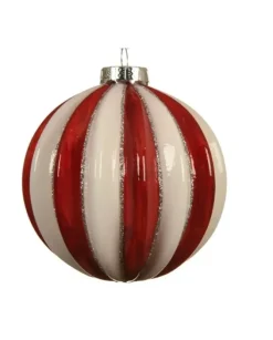 Pallina Sfera Di Vetro Decorata Rossa E Bianca 80Mm 3Pz Per Albero Di Natale