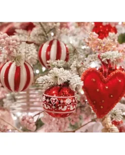 Pallina Sfera Di Vetro Decorata Rossa E Bianca 80Mm 3Pz Per Albero Di Natale