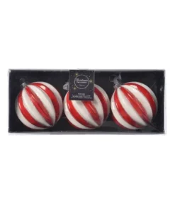 Pallina Sfera Di Vetro Decorata Rossa E Bianca 80Mm 3Pz Per Albero Di Natale