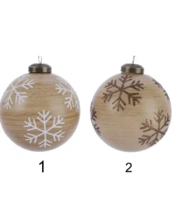 Pallina Sfera Effetto Legno Con Decoro Fiocchi Di Neve 8 Cm