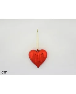 Pendente Di Vetro Cuore Rigato Rosso 9Cm Per Albero Di Natale