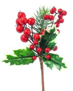 Pick Ramo Pino Agrifoglio Con Bacche 18Cm Per Decorazioni Natalizie
