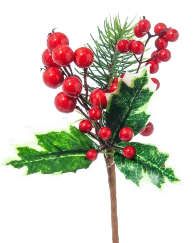 Pick Ramo Pino Agrifoglio Con Bacche 18Cm Per Decorazioni Natalizie