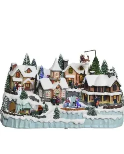 Presepe Nordico Giostrina Di Natale Villaggi Con Movimenti E Luci Led 31X55X35Cm