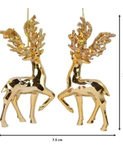 1Pz Addobbo Pendente In Plastica Oro Cromato Renna Con Glitter 16 Cm