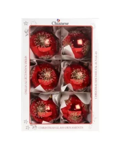 1Pz Pallina Di Vetro Decorata A Mano Rosso Lucido 80Mm