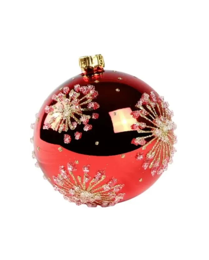 1Pz Pallina Di Vetro Decorata A Mano Rosso Lucido 80Mm