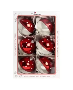 1Pz Pallina Di Vetro Decorata A Mano Rosso E Bianco Lucido 80Mm