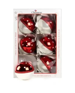 1Pz Pallina Di Vetro Decorata A Mano Rosso E Bianco Lucido 80Mm