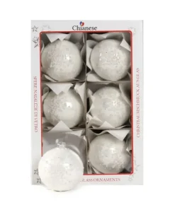 1Pz Pallina Di Vetro Decorata A Mano Bianco Lucido 80Mm