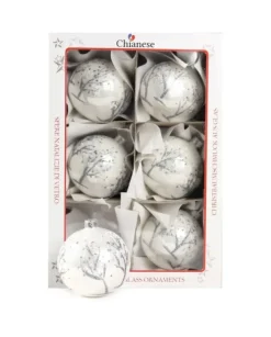 1Pz Pallina Di Vetro Decorata A Mano Bianco Lucido 80Mm