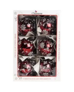 1Pz Pallina Di Vetro Decorata A Mano Rosso Lucido 80Mm