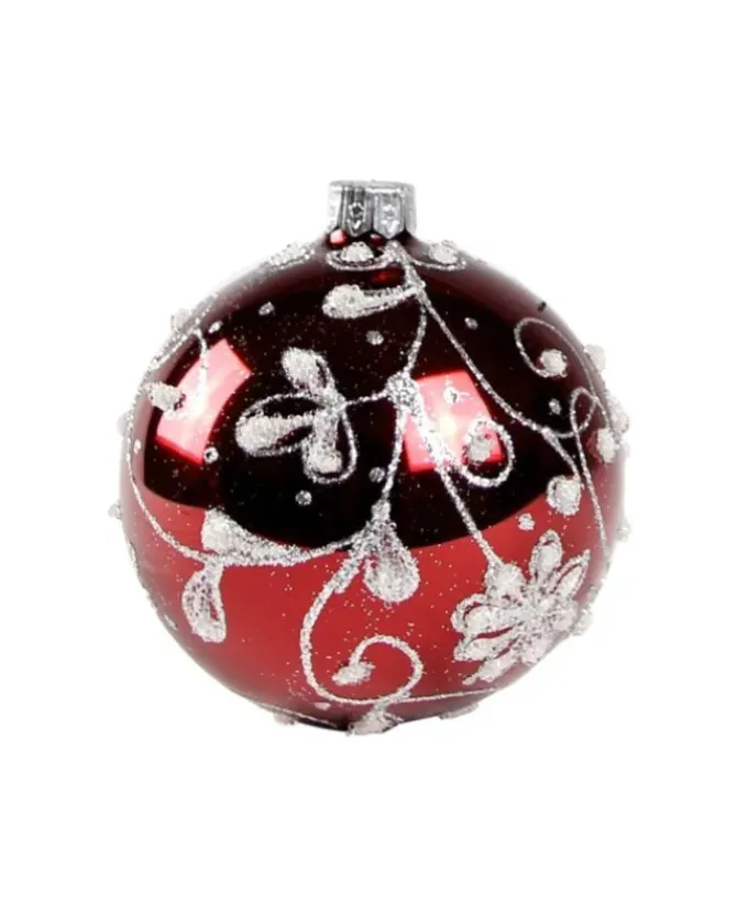 1Pz Pallina Di Vetro Decorata A Mano Rosso Lucido 80Mm