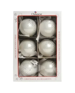 1Pz Pallina Di Vetro Decorata A Mano Bianco Lucido 80Mm