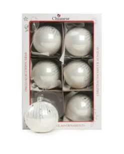 1Pz Pallina Di Vetro Decorata A Mano Bianco Lucido 80Mm