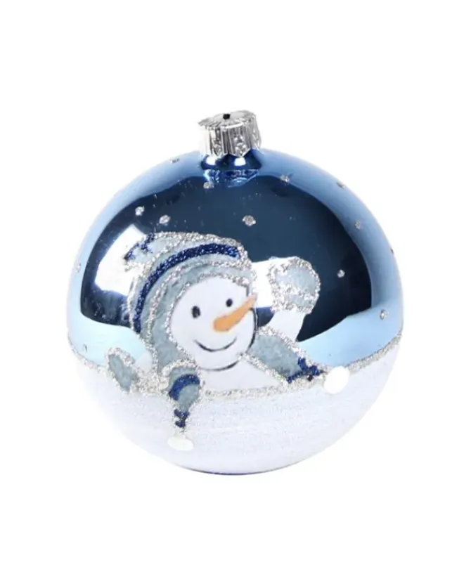 1Pz Pallina In Vetro Decorata A Mano Azzurro Lucido 80Mm