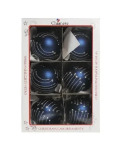 1Pz Pallina In Vetro Decorata A Mano Blu Opaco 80Mm