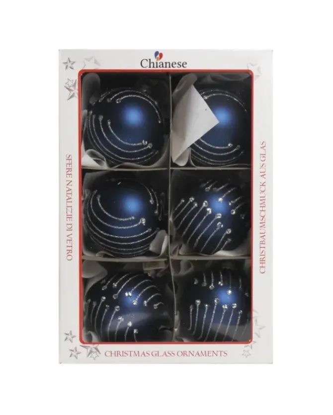 1Pz Pallina In Vetro Decorata A Mano Blu Opaco 80Mm